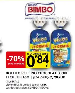 Supermercados MAS B.EASO Bollito relleno chocolate con leche oferta