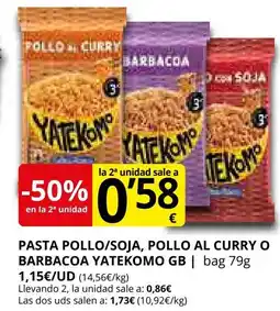 Supermercados MAS Pasta pollo/soja, pollo al curry o barbacoa yatekomo gb oferta