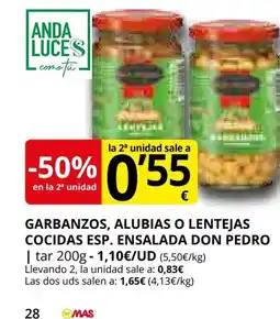 Supermercados MAS Garbanzos, alubias o lentejas cocidas esp. ensalada don pedro oferta