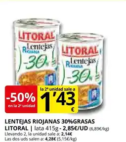 Supermercados MAS LITORAL Lentejas riojanas 30% grasas oferta