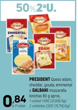 Coviran PRESIDENT / GALBANI Queso edam, cheddar, gouda, emmental o mozzarella lonchas oferta