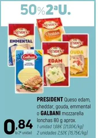 Coviran PRESIDENT / GALBANI Queso edam, cheddar, gouda, emmental o mozzarella lonchas oferta