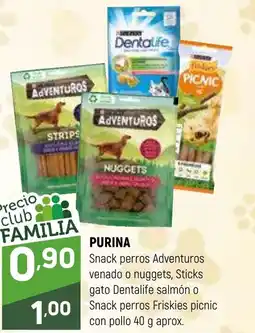 Coviran PURINA Snack perros Adventuros venado o nuggets, Sticks gato Dentalife salmón o Snack perros Friskies picnic con pollo oferta