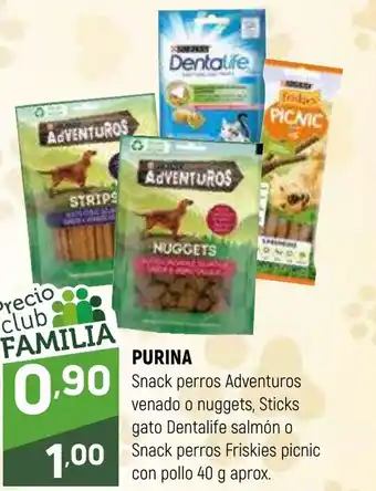 Coviran PURINA Snack perros Adventuros venado o nuggets, Sticks gato Dentalife salmón o Snack perros Friskies picnic con pollo oferta