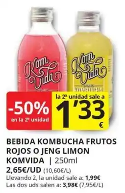 Supermercados MAS KOMVIDA Bebida kombucha frutos rojos o jeng limon oferta