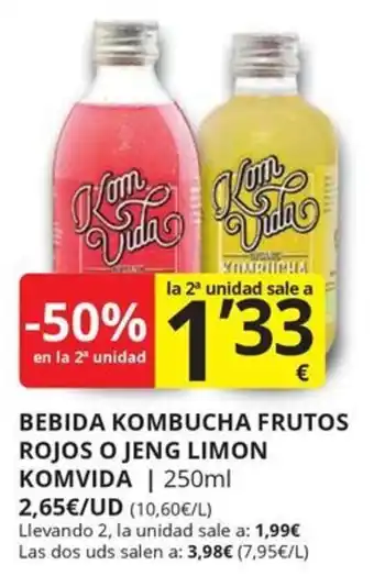 Supermercados MAS KOMVIDA Bebida kombucha frutos rojos o jeng limon oferta
