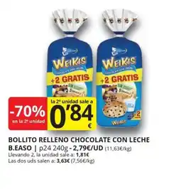 Supermercados MAS B.EASO Bollito relleno chocolate con leche oferta