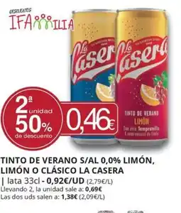 Supermercados MAS LA CASERA Tinto de verano s/al 0,0% limón, limón o clásico oferta