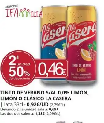Supermercados MAS LA CASERA Tinto de verano s/al 0,0% limón, limón o clásico oferta
