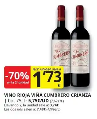 Supermercados MAS Vino rioja viña cumbrero crianza oferta