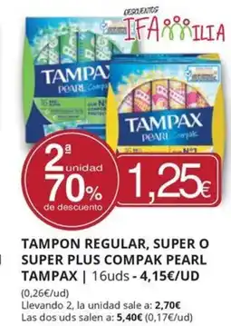 Supermercados MAS TAMPAX Tampon regular, super o super plus compak pearl oferta