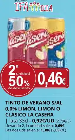 Supermercados MAS LA CASERA Tinto de verano s/al 0,0% limón, limón o clásico oferta