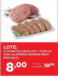 Alimerka 5 chorizos criollos + 5 pollo con jalapeños burger meat oferta