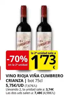 Supermercados MAS Vino rioja viña cumbrero crianza oferta