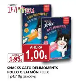 Supermercados MAS FELIX Snacks gato delimoments pollo o salmón oferta