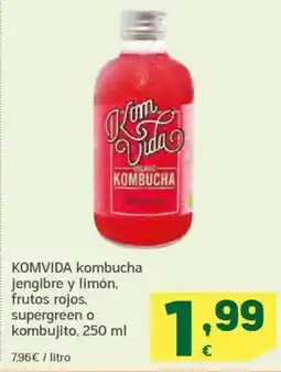 HiperDino KOMVIDA kombucha jengibre y limón, frutos rojos, supergreen o kombujito oferta