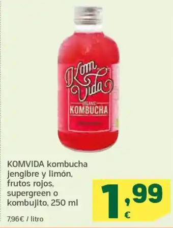 HiperDino KOMVIDA kombucha jengibre y limón, frutos rojos, supergreen o kombujito oferta