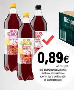 Cash Ifa DON SIMON Tinto de verano limón sin alcohol sin azúcar, Limón 0,0% sin alcohol o Clásico 0,0% oferta