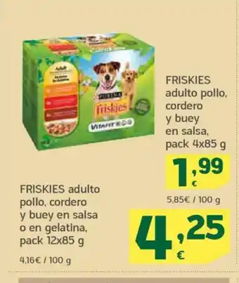 HiperDino FRISKIES adulto pollo, cordero y buey en salsa oferta