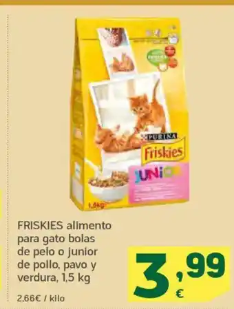 HiperDino FRISKIES alimento para gato bolas de pelo o junior de pollo, pavo y verdura oferta