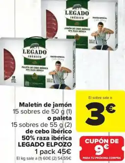 Carrefour Market LEGADO ELPOZO Maletín de jamón 15 sobres de o paleta de cebo ibérico 50% raza ibérica oferta