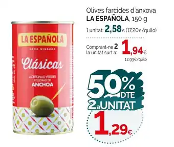 Condis LA ESPAÑOLA Olives farcides d'anxova oferta