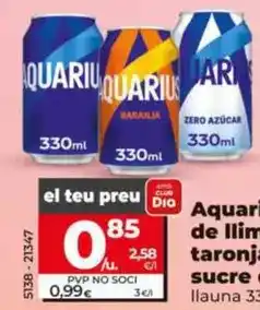 Dia Aquarius - de limon / de naranja / zero azucar de limon lata 33 cl oferta