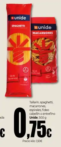UDACO UNIDE Tallarín, spaghetti, macarrones, espirales, fideo cabellín o entrefino oferta