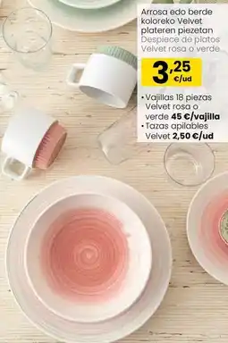 Eroski Despiece de platos velvet rosa o verde oferta