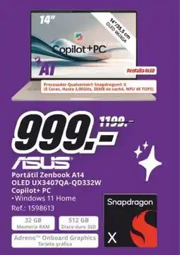 MediaMarkt ASUS Portátil Zenbook A14 OLED UX3407QA-QD332W Copilot+ PC oferta