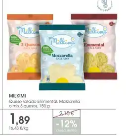 Supermercados Plaza MILKIMI Queso rallado Emmental, Mozzarella o mix 3 quesos oferta