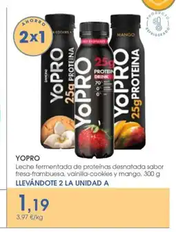 Supermercados Plaza YOPRO Leche fermentada de proteínas desnatada sabor fresa-frambuesa, vainilla-cookies y mango oferta