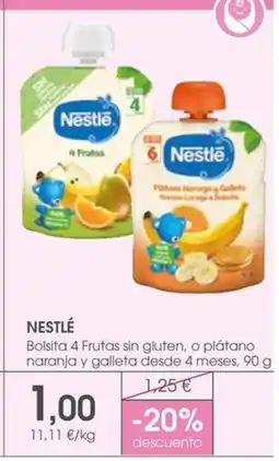 Supermercados Plaza NESTLÉ Bolsita 4 Frutas sin gluten, o plátano naranja y galleta desde 4 meses oferta