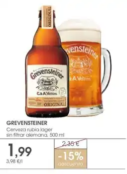 Supermercados Plaza GREVENSTEINER Cerveza rubia lager sin filtrar alemana oferta