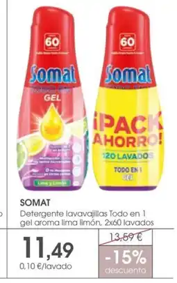 Supermercados Plaza SOMAT Detergente lavavajillas Todo en 1 gel aroma lima limón, 2x60 lavados oferta