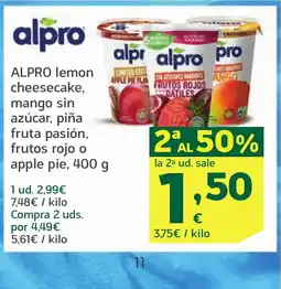HiperDino ALPRO lemon cheesecake, mango sin azúcar, piña fruta pasión, frutos rojo o apple pie oferta