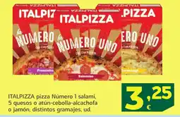 HiperDino ITALPIZZA pizza Número 1 salami, 5 quesos o atún-cebolla-alcachofa o jamón, distintos gramajes oferta