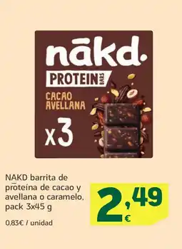 HiperDino NAKD barrita de proteína de cacao y avellana o caramelo oferta