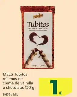 HiperDino MELS Tubitos rellenos de mela crema de vainilla o chocolate oferta