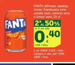 HiperDino FANTA refresco, naranja, limón, frambuesa zero, sandía zero, naranja zero, o limón zero33 cl oferta
