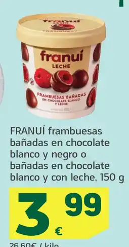 HiperDino FRANUÍ frambuesas bañadas en chocolate blanco y negro o bañadas en chocolate blanco y con leche oferta