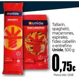 Unide Market UNIDE Tallarín, spaghetti, macarrones, espirales, fideo cabellín o entrefino oferta