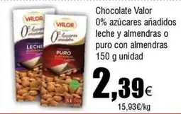 FROIZ VALOR Chocolate 0% azúcares añadidos leche y almendras o puro con almendras oferta