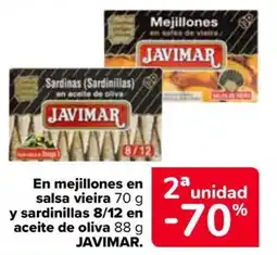 Carrefour JAVIMAR En mejillones en salsa vieira y sardinillas 8/12 en aceite de oliva oferta