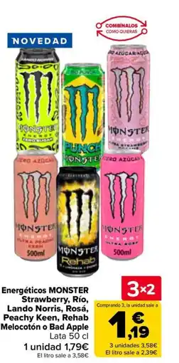 Carrefour MONSTER Energéticos Strawberry, Río, Lando Norris, Rosá, Peachy Keen, Rehab Melocotón o Bad Apple oferta