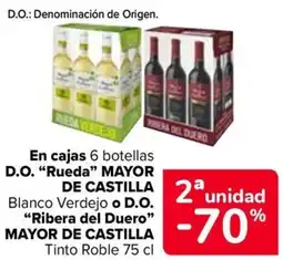 Carrefour En cajas 6 botellas d.o. "rueda❞ mayor ra del duero de castilla blanco verdejo o d.o. "ribera del duero" mayor de castilla oferta