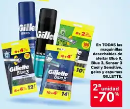 Carrefour GILLETTE En todas las maquinillas desechables de afeitar blue ii, blue 3, sensor 3 cool y sensitive, 101 geles y espumas oferta