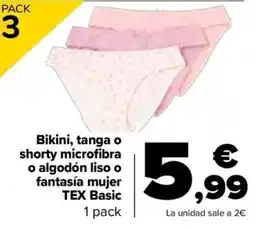 Carrefour Bikini, tanga o shorty microfibra o algodón liso o fantasía mujer tex basic oferta