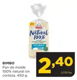 Alimerka BIMBO Pan de molde 100% natural sin corteza oferta