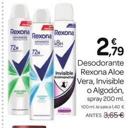 Supermercados El Jamón Desodorante Rexona Aloe Vera Invisible o Algodón oferta